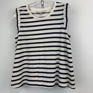 LOFT Tank Top Women XS Navy White Striped Sleeveless Pleated Shoulder
